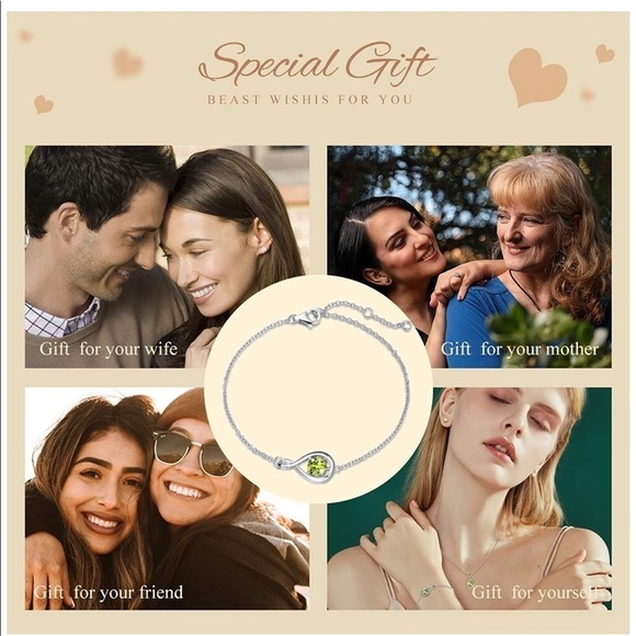 925 Sterling Silver Infinity PERIDOT Charm Link Wrist Bracelet Adjustable - Picture 5 of 8